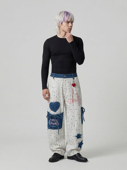 DAXUEN Wide-leg striped pants with patches and embroidery — model photo