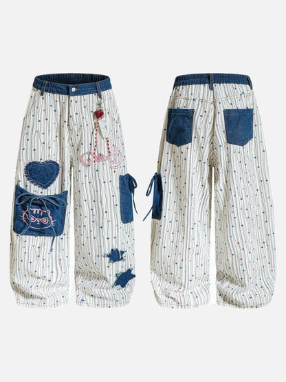 DAXUEN Wide-leg striped pants with patches and embroidery