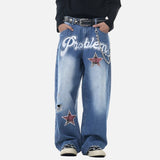DAXUEN Baggy vintage distressed denim jeans with embroidered text and plaid patches