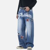DAXUEN Baggy vintage distressed denim jeans with embroidered text and plaid patches