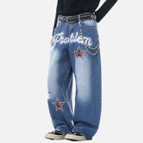 DAXUEN Baggy vintage distressed denim jeans with embroidered text and plaid patches