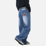 DAXUEN Baggy vintage distressed denim jeans with embroidered text and plaid patches