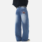 DAXUEN Baggy vintage distressed denim jeans with embroidered text and plaid patches