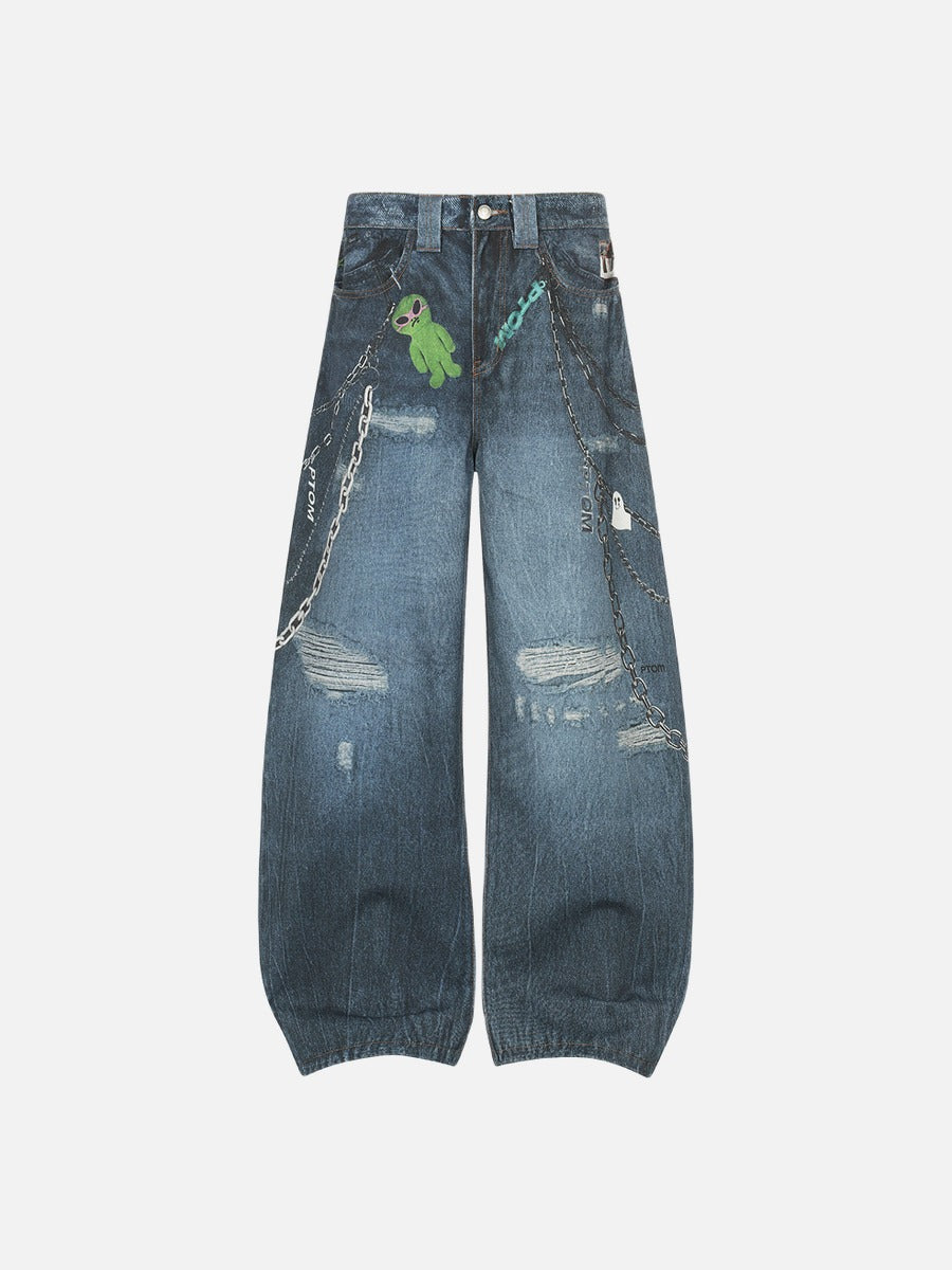 DAXUEN Wide-leg baggy jeans with alien graphic