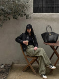 DAXUEN Wide-leg balloon-leg cargo pants in olive green and charcoal grey — model photo