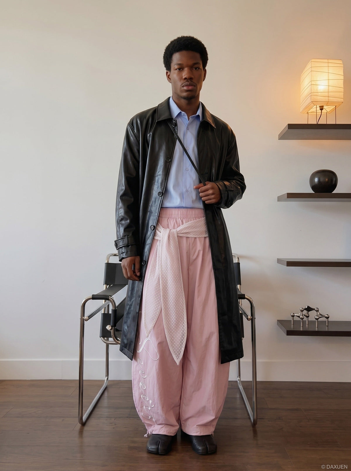 DAXUEN Wide-leg balloon pants with sash and embroidery — model photo