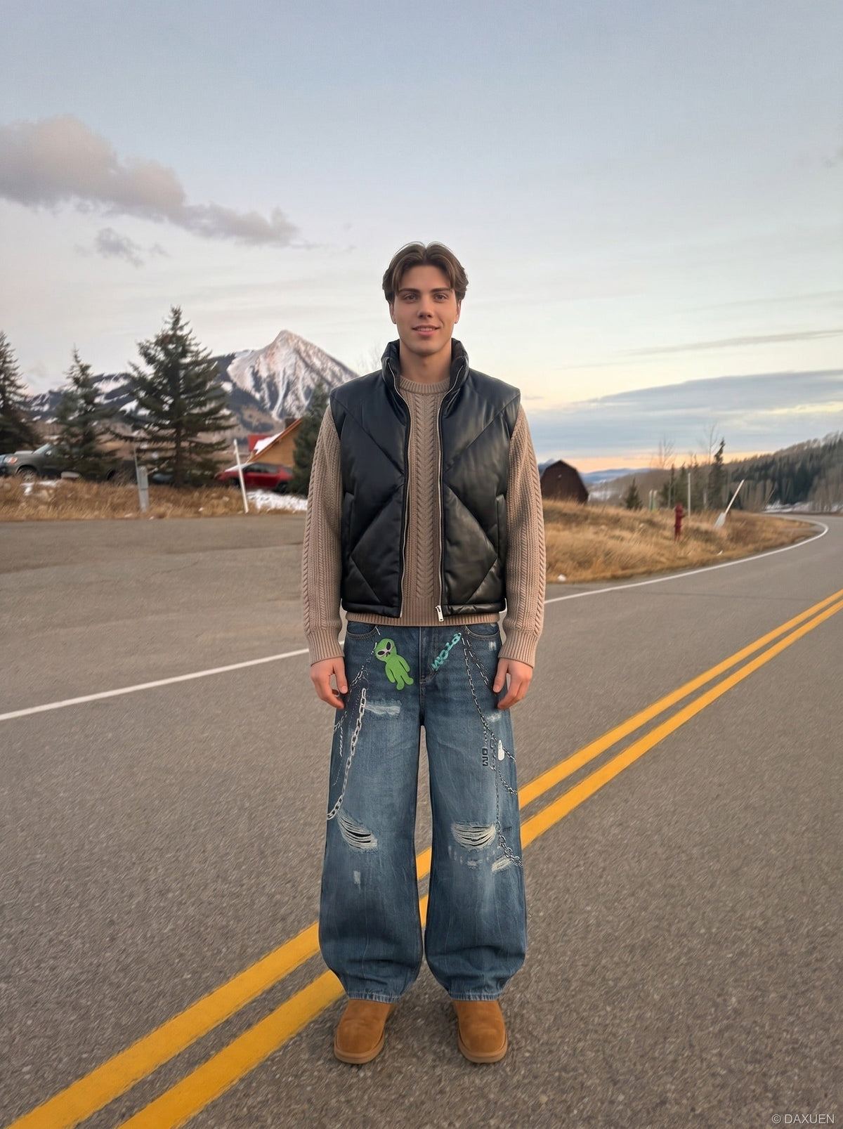 DAXUEN Baggy wide-leg denim jeans with graphic prints — model photo