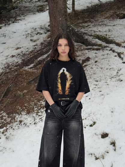 DAXUEN Distressed graphic T-shirt with human silhouette — model photo