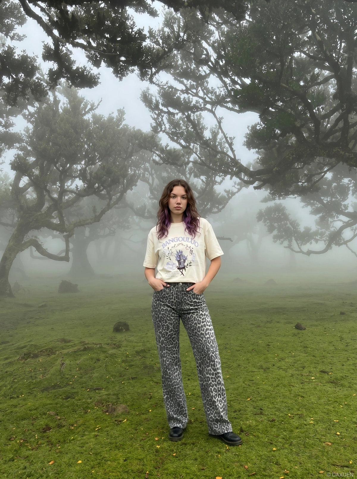 DAXUEN BANGOULUOU Graphic T-Shirt with floral and cartoon prints — model photo