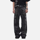 DAXUEN faded blue cargo jeans with barbed wire embroidery
