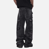 DAXUEN faded blue cargo jeans with barbed wire embroidery