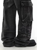 DAXUEN faded blue cargo jeans with barbed wire embroidery