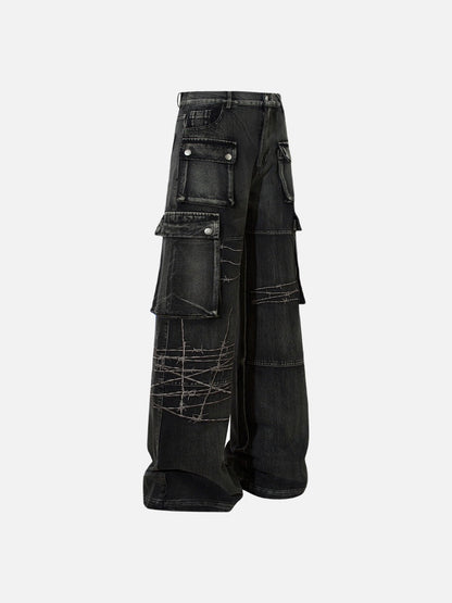 DAXUEN faded blue cargo jeans with barbed wire embroidery