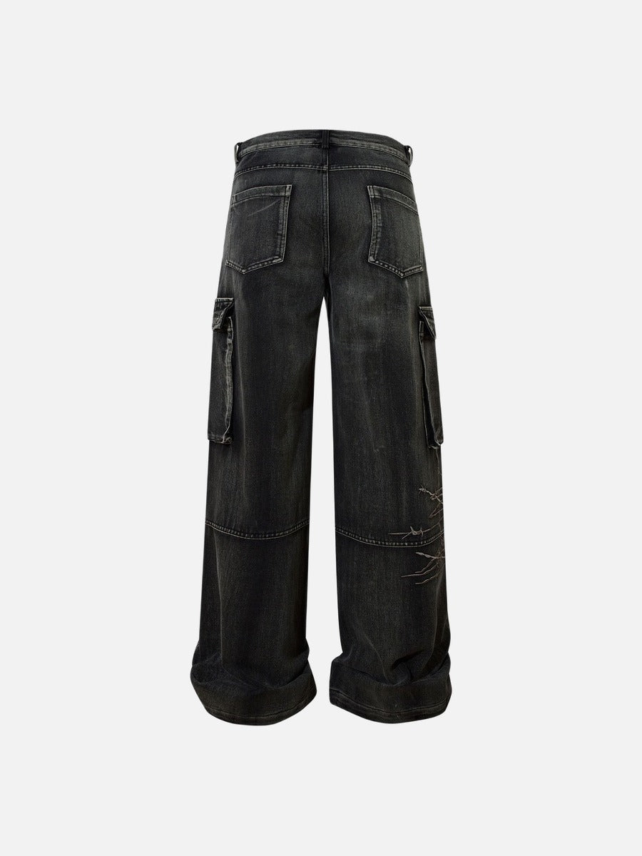 DAXUEN faded blue cargo jeans with barbed wire embroidery