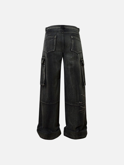 DAXUEN faded blue cargo jeans with barbed wire embroidery