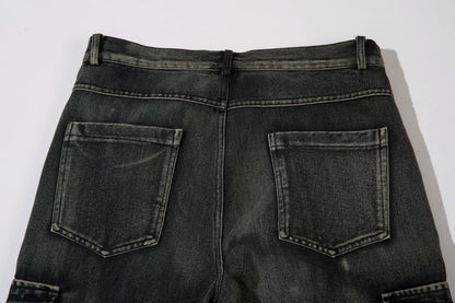 DAXUEN faded blue cargo jeans with barbed wire embroidery