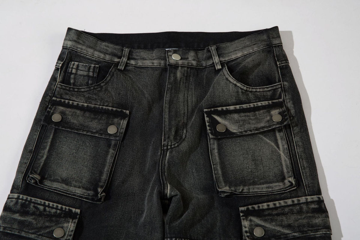 DAXUEN faded blue cargo jeans with barbed wire embroidery
