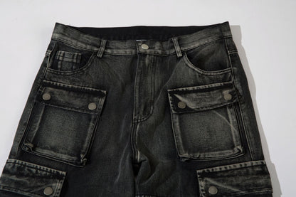 DAXUEN faded blue cargo jeans with barbed wire embroidery
