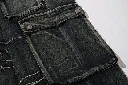 DAXUEN faded blue cargo jeans with barbed wire embroidery