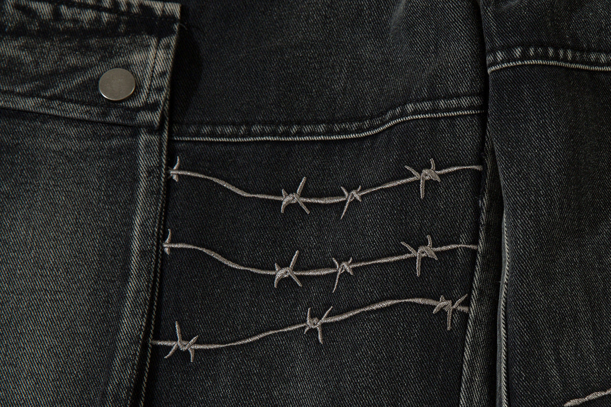 DAXUEN faded blue cargo jeans with barbed wire embroidery