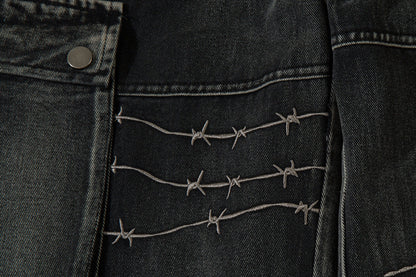 DAXUEN faded blue cargo jeans with barbed wire embroidery