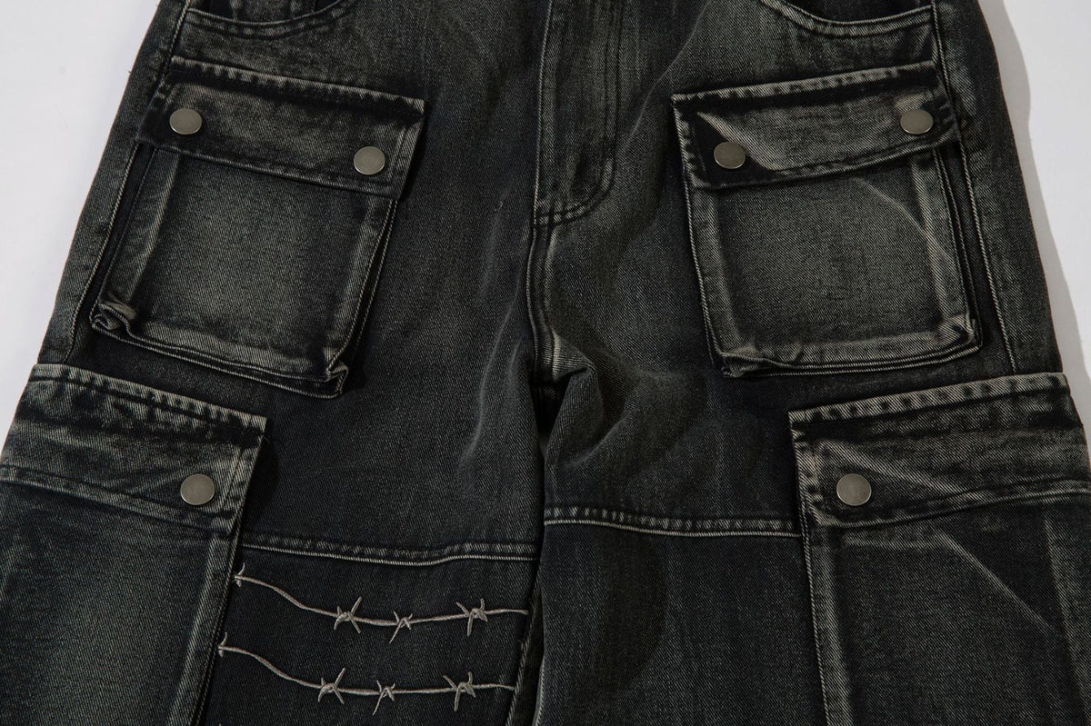 DAXUEN faded blue cargo jeans with barbed wire embroidery