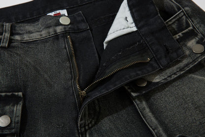 DAXUEN faded blue cargo jeans with barbed wire embroidery