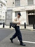 DAXUEN dark blue barrel-leg denim jeans — model photo