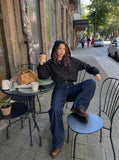 DAXUEN dark blue barrel-leg denim jeans — model photo