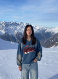 DAXUEN washed blue denim baseball-embroidered pullover shirt — model photo