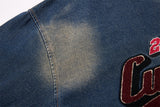 DAXUEN washed blue denim baseball-embroidered pullover shirt