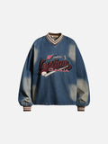 DAXUEN washed blue denim baseball-embroidered pullover shirt