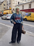 DAXUEN washed blue denim baseball-embroidered pullover shirt — model photo