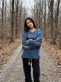 DAXUEN washed blue denim baseball-embroidered pullover shirt — model photo