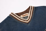 DAXUEN washed blue denim baseball-embroidered pullover shirt