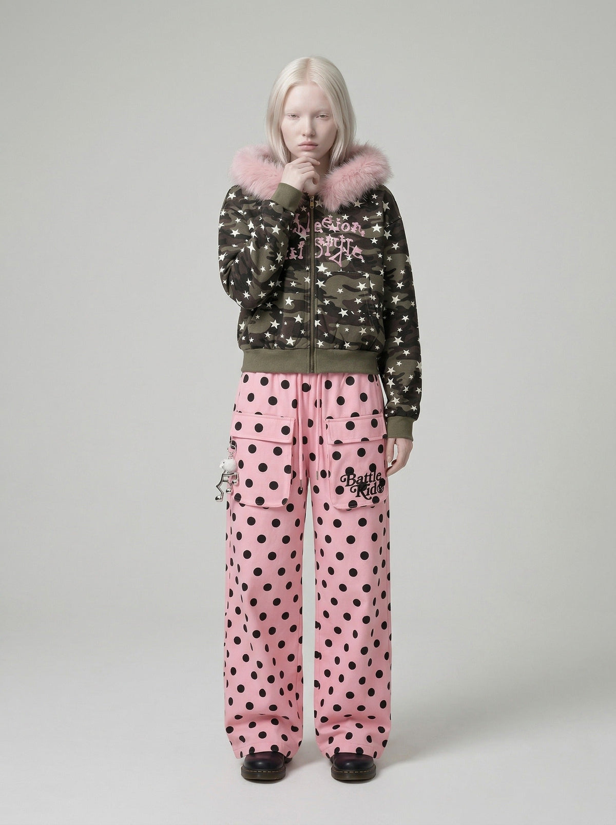 DAXUEN Wide-leg casual pants with polka dot print — model photo