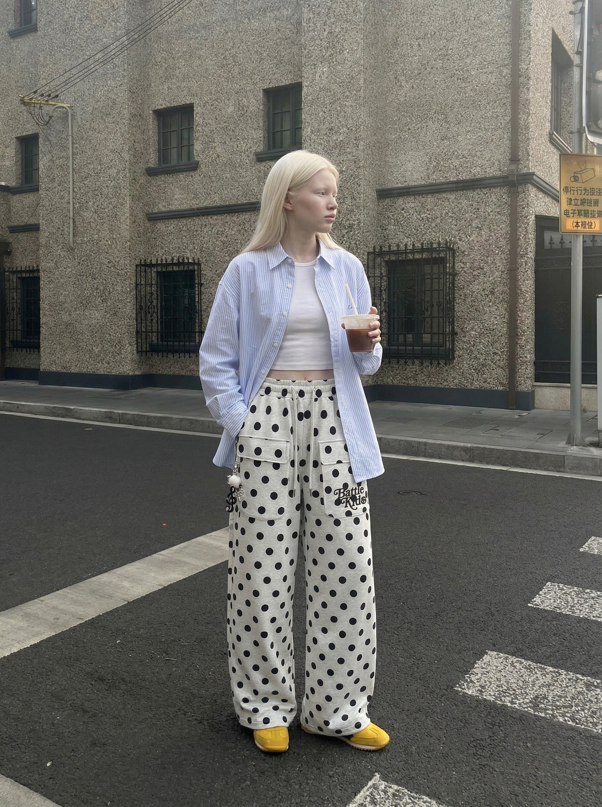 DAXUEN Wide-leg casual pants with polka dot print — model photo