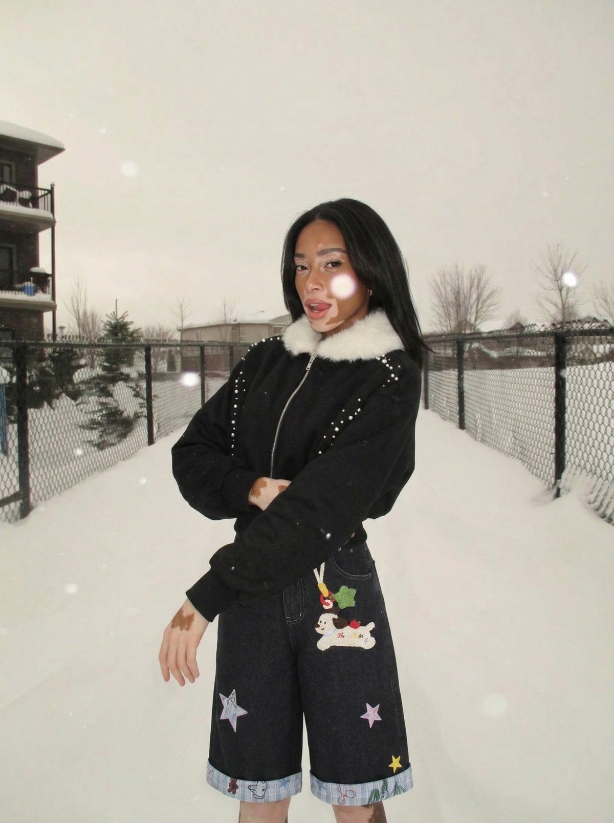 DAXUEN Embroidered wide-leg denim culottes — model photo
