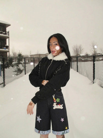 DAXUEN Embroidered wide-leg denim culottes — model photo