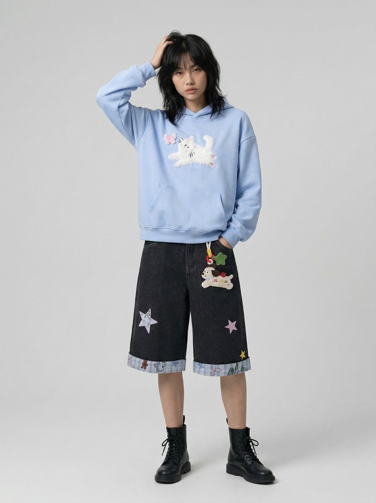 DAXUEN Embroidered wide-leg denim culottes — model photo
