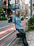 DAXUEN plaid shirt with beaded letter embroidery — model photo