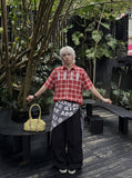 DAXUEN plaid shirt with beaded letter embroidery — model photo