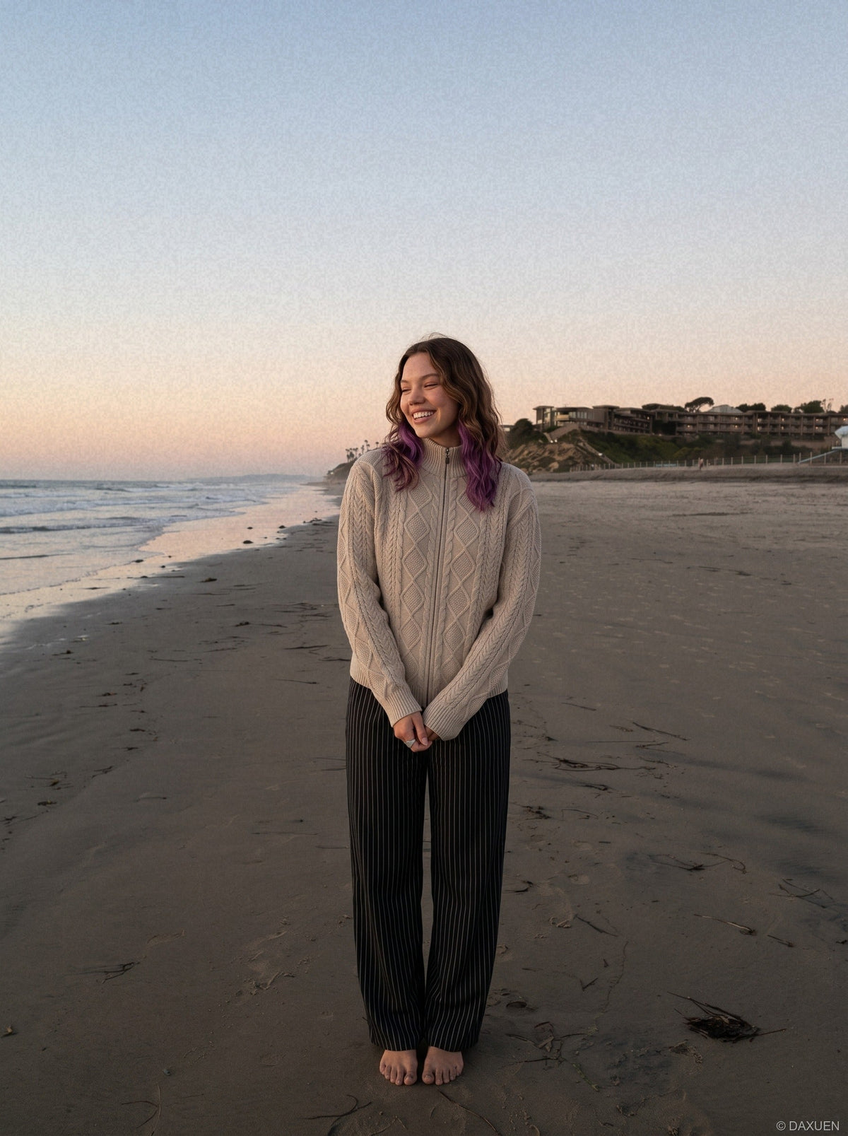 DAXUEN beige cable knit full-zip cardigan sweater — model photo