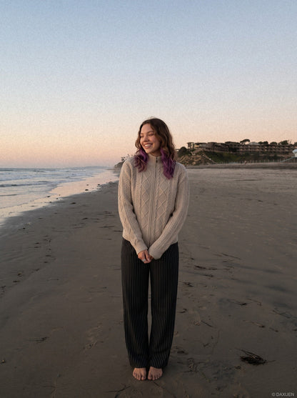 DAXUEN beige cable knit full-zip cardigan sweater — model photo
