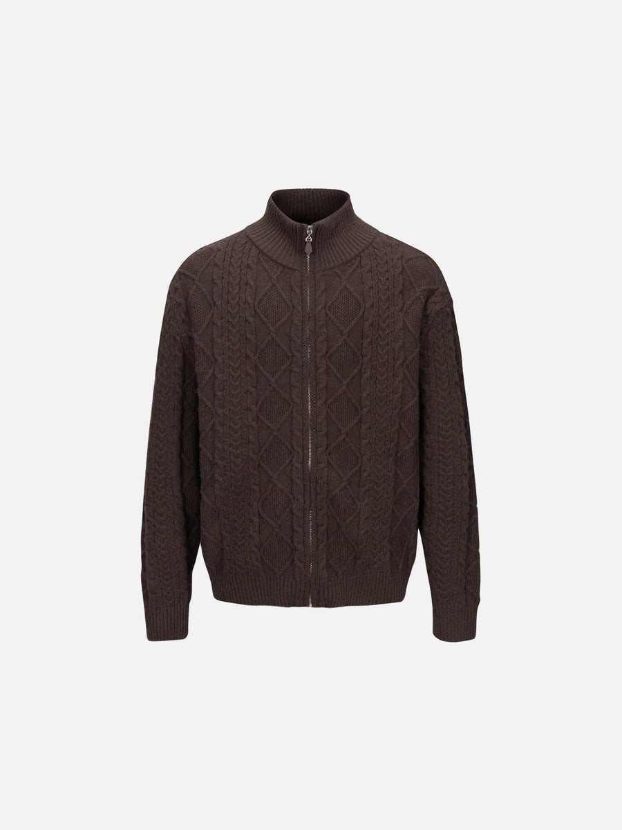 Beige Cable Knit Full-Zip Cardigan Sweater