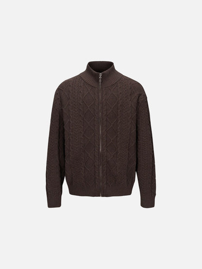 Beige Cable Knit Full-Zip Cardigan Sweater