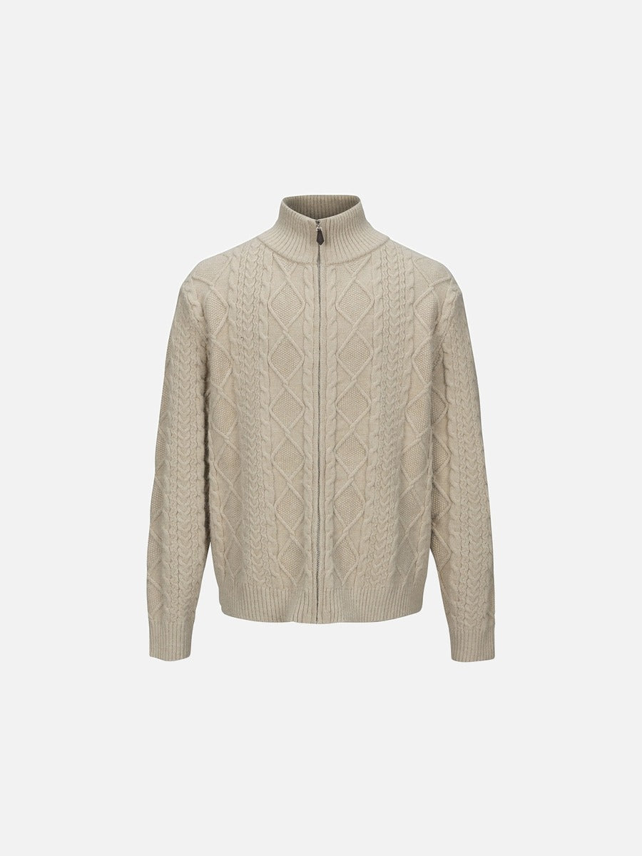 Beige Cable Knit Full-Zip Cardigan Sweater