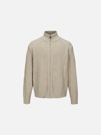 Beige Cable Knit Full-Zip Cardigan Sweater