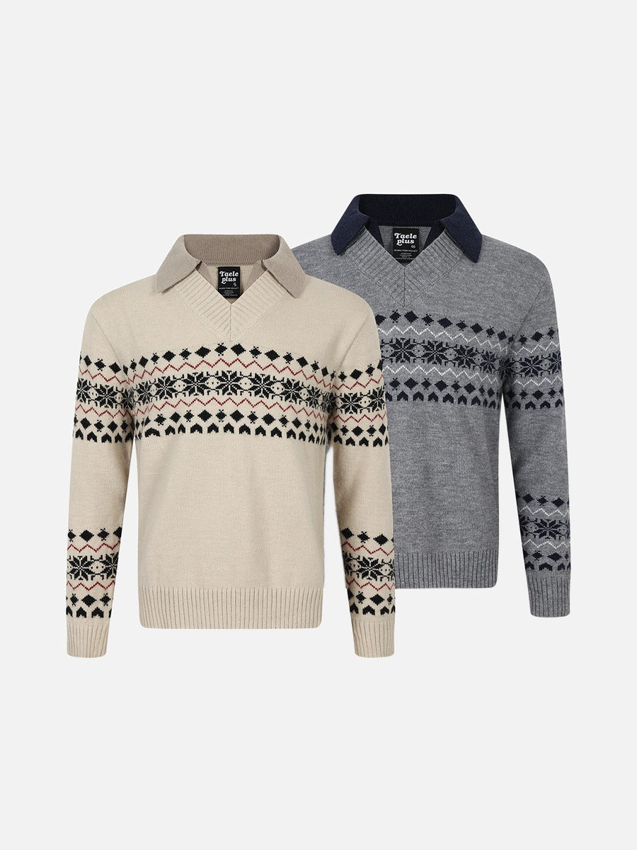 Beige Fair Isle Knit Polo Sweater