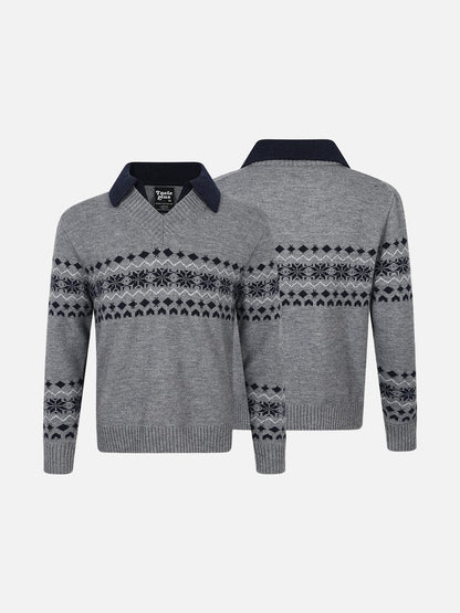 Beige Fair Isle Knit Polo Sweater